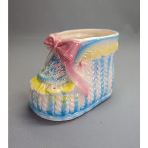 Vintage Small Relpo Baby Shoe Planter Pink Ribbon Blue Yellow Ruffles #6468